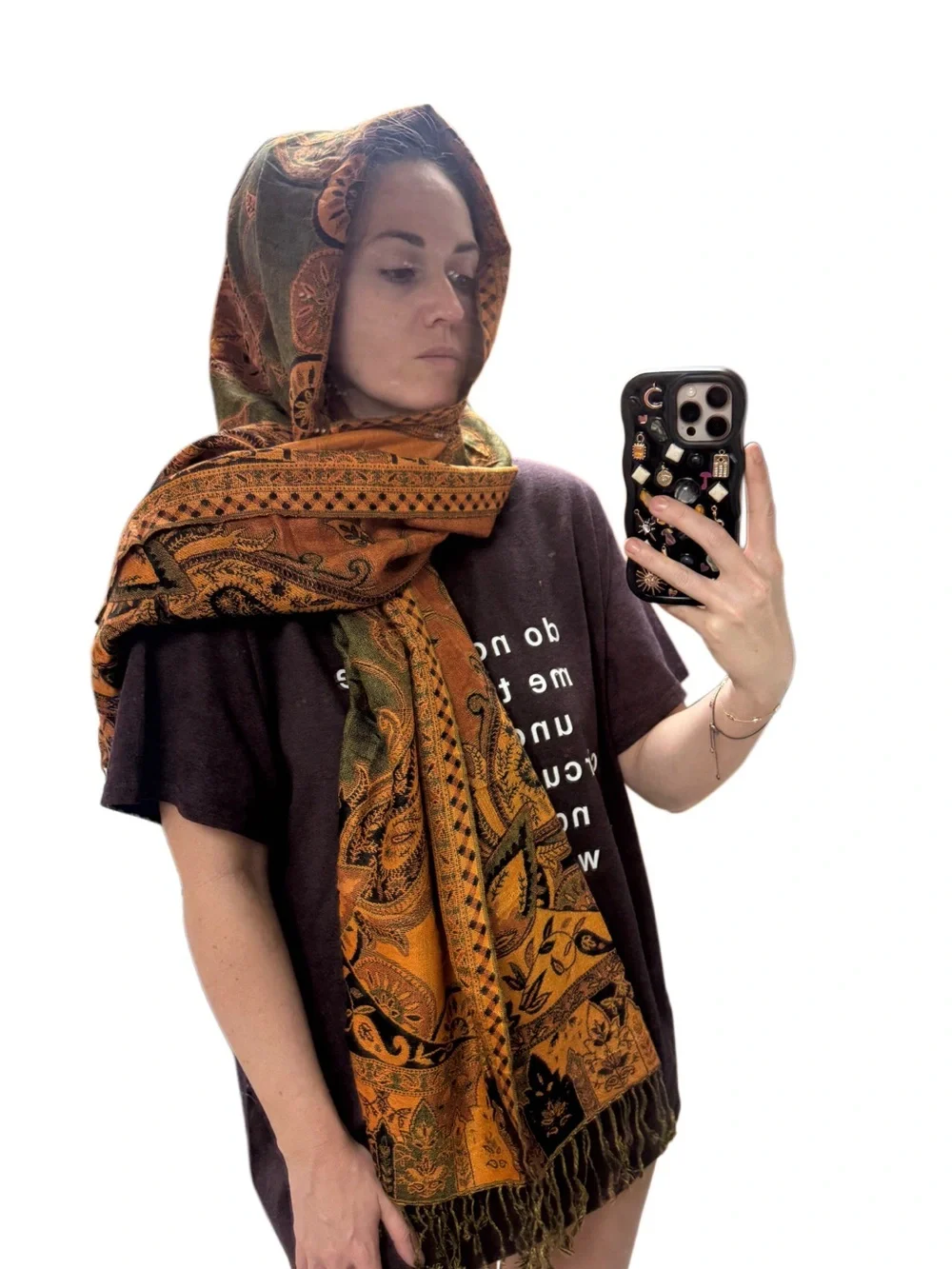 New pashmina silk reversible Handwoven Patterned Shawl Scarf - Orange & Olive